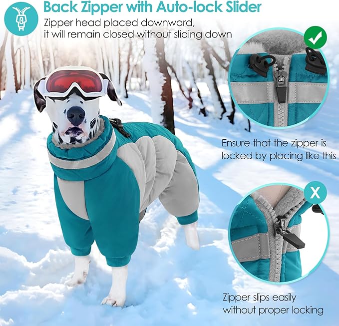 AOFITEE Fullbody Dog Coat Warm Fleece Dog Jacket, Windproof Dogs Winter Coat with Harness Built in, Reflective Turtleneck Dogs Snowsuit Puffer Jacket, Four Legged Snow Suit for Small Medium Large Pet