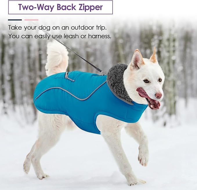 SUNFURA Large Dog Coat, Warm Dog Winter Coat Jacket with Thick Furry Collar, Adjustable Pet Fleece Jacket Turtleneck Snowsuit for Large Dogs for Chilly Day, Turquoise XL