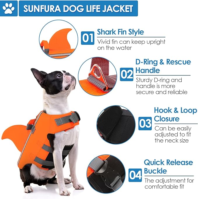 SUNFURA Dog Life Jacket Shark Life Vest for Dogs, Adjustable Swmming Vest with High Buoyancy, Safety Lifesaver with Rescue Handle for French Bulldog Small Medium Breeds, Orange XS