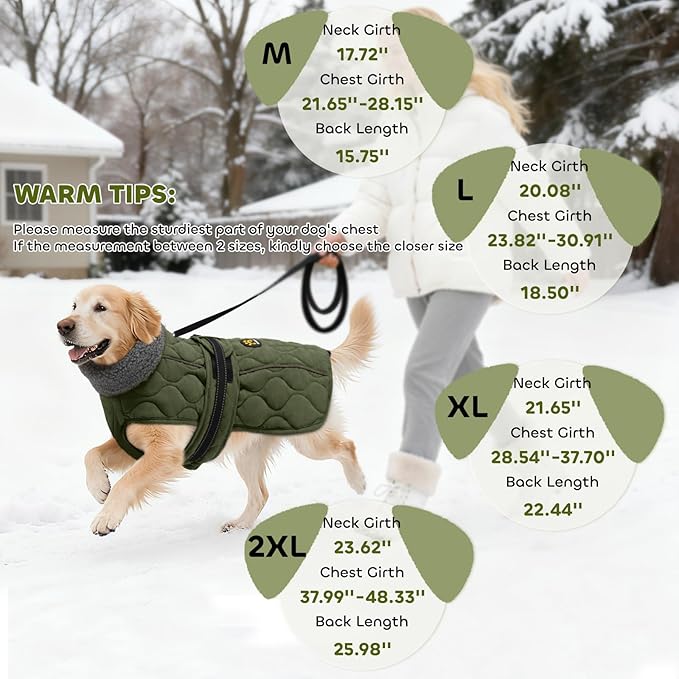 Dog Winter Coat, Adjustable Quilted Dog Snow Jacket with Fleece Lining, Water Resistant Pet Apparel for Cold Weather, Warm Large Doggie Coat with Leash Hole and Reflective Strip, NewGreen L
