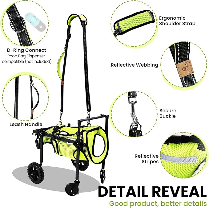 Dog Wheelchair for Back Legs, for All Breed Dog - Includes High-Visibility Vest, Leash & Sling Lift, for Arthritis, Paralyzed, Injured, or Disabled Dogs (4Wheels-S, for Small Breed Dog)