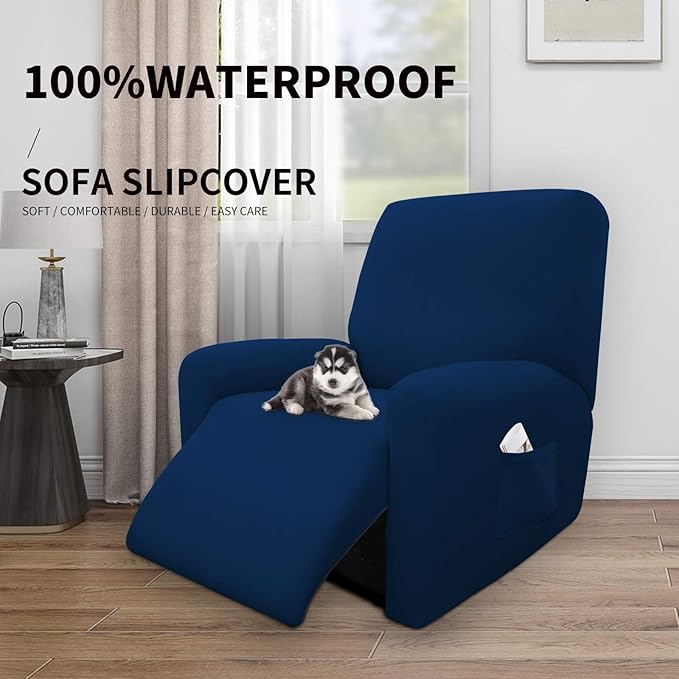 Easy-Going 4 Pieces 100% Dual Waterproof Recliner Cover Stretch Soft Couch Cover for Dogs, Sofa Slipcover for Recliner Couch Leakproof Furniture Protector for Kids, Pets Navy