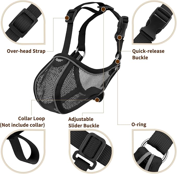 Mayerzon Dog Muzzle to Prevent Biting Scavenging Chewing, Soft Mesh Puppy Muzzles for Medium Large Sized Dogs, Breathable, Reflective, Adjustable Mouth Guard for Grooming Walking Training (M, Black)