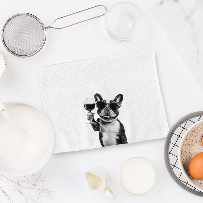 French Bulldog Gifts Wine Dog Kitchen Towels, Gifts for French Bulldog Wine Lovers Decorative Hand Dish Towel for Kitchen Home Bar,Funny Frenchie WineLover Home Bar Kitchens Decor(16x24In)