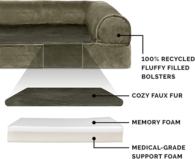 Furhaven Memory Foam Dog Bed for Medium/Small Dogs w/ Removable Bolsters & Washable Cover, For Dogs Up to 35 lbs - Faux Fur & Velvet Sofa - Dark Sage, Medium