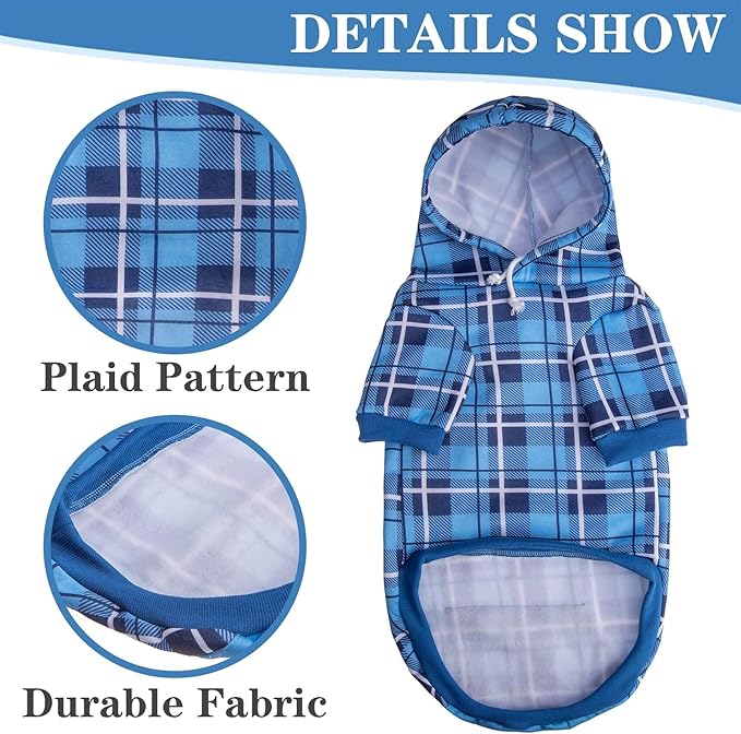 EXPAWLORER Plaid Dog Hoodie - British Style Warm Dog Sweater Shirt with Leash Hole,Pitbull Clothes Outfits,Winter Coat Apparel for All Breeds Puppy Girl Boy-Cat Apparel,Blue Large