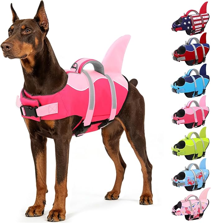 AOFITEE Dog Life Jacket, Dog Life Vest for Swimming, Shark Dogs Swimming Vest with Rescue Handle and Reflective Stripe, Ripstop Pet Float Coat Swimsuit Lifesaver Small Medium Large Dogs Pink S