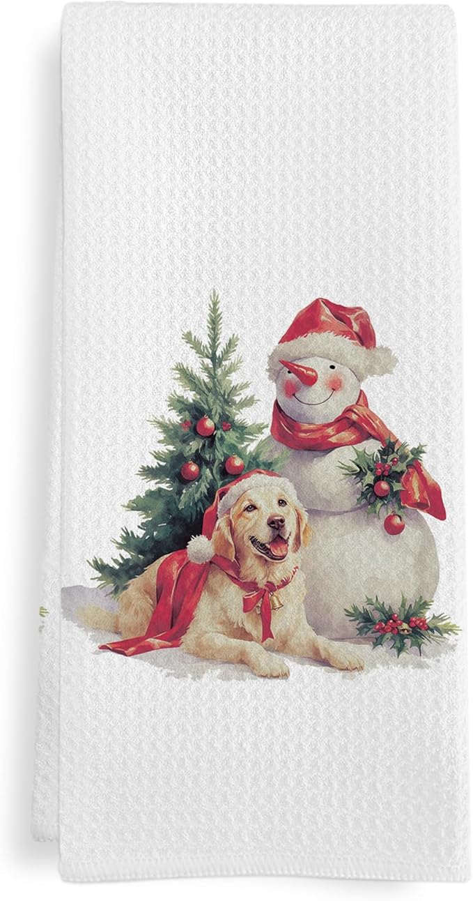 Christmas Golden Retriever Gifts Kitchen Towels, Xmas Snowman Dish Tea Towels for Kitchen, Christmas Winter Hand Towel for Bathroom Decor, Golden Retriever Gift for Dog Lovers, 16x24 Inch