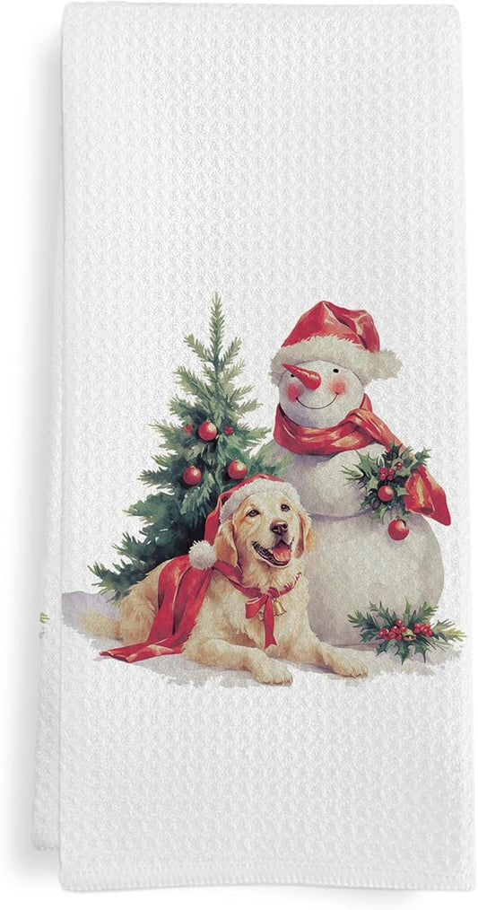 Christmas Golden Retriever Gifts Kitchen Towels, Xmas Snowman Dish Tea Towels for Kitchen, Christmas Winter Hand Towel for Bathroom Decor, Golden Retriever Gift for Dog Lovers, 16x24 Inch