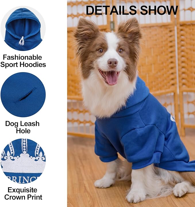 EXPAWLORER Prince Dog Hoodie for Boy - Hooded Doggie Sweater with Leash Hole, Cold Weather Clothes,Sweatshirt with Pocket, Pet Warm Outfit, Winter Coats for XS-XXL Dogs