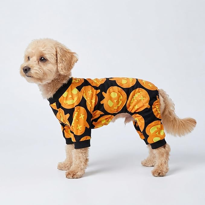 Fitwarm Halloween Pumpkin Dog Pajamas, Funny Dog Winter Clothes for Small Dogs Girl Boy, Pet Jumpsuit, Cat Halloween Costumes with Feet, Lightweight Velvet, Black, Orange, Large
