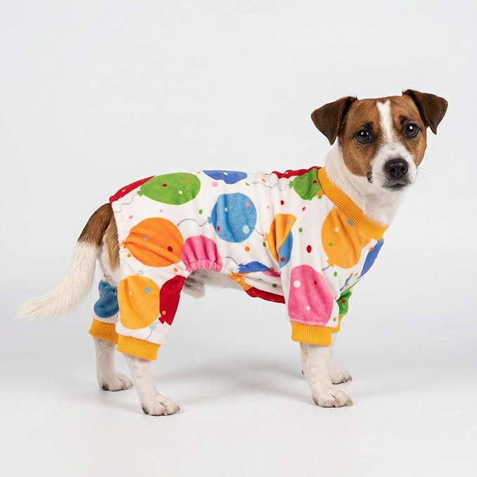 Fitwarm Balloon Dog Fleece Pajamas, Birthday Outfit for Small Dogs Boy Girl, Cozy Pet Onesie with Feet, White, Yellow, Red, Blue, Green, Medium