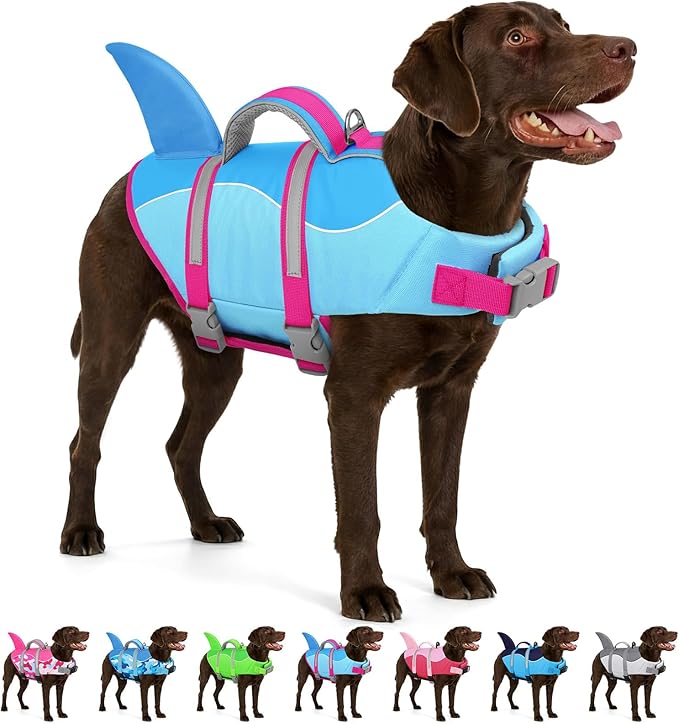 AOFITEE Dog Life Jacket, Shark Dog Life Vest for Swimming Boating, Reflective High Flotation Small Dogs Lifesaver, Ripstop Pet Swim Vest Swimsuit with Rescue Handle for Small Medium Large Dogs, S