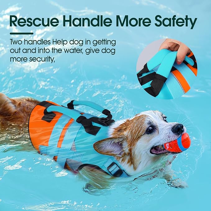 Kuoser Dog Life Jacket with Rescue Handle, High Flotation Dogs Swim Vest with Reflective Strips,Adjustable Dog Life Vest for Swimming, Boating, Pool&Beach, Doggy Lifejacket for Small Medium Large Dogs