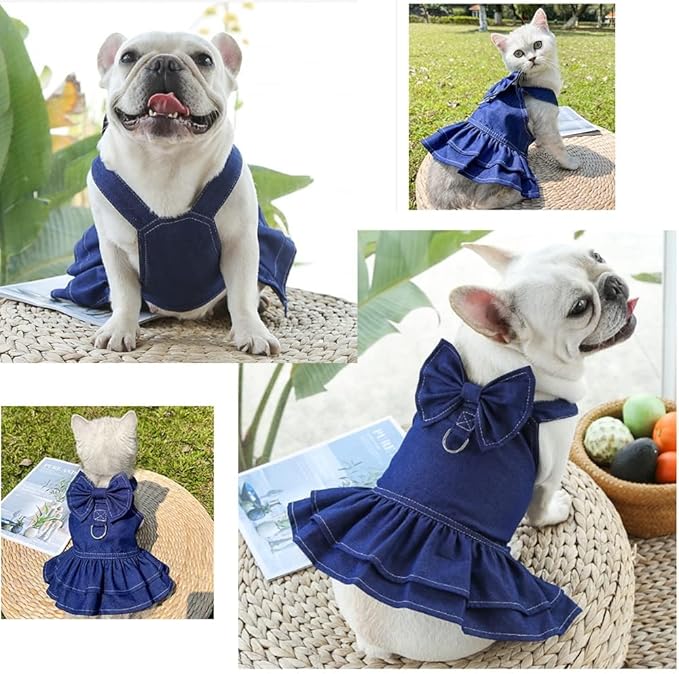 ANIAC Denim Dog Dresses for Small Dogs Puppy Girl Clothes with Leash Ring and Cute Bow Knot Summer Cat Apparel with D-Ring Blue Girl Dog Clothes (Dark Blue,XX-Large)