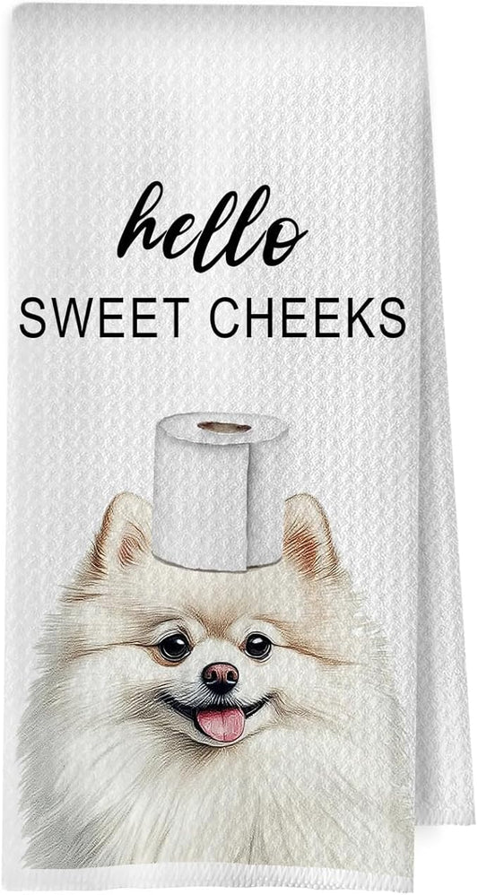 Funny Pomeranian Bathroom Decor - Pomeranian Gifts Waffle Decorative Hand Towels, Hello Sweet Cheeks Bathroom Decor, 16x24 Inches