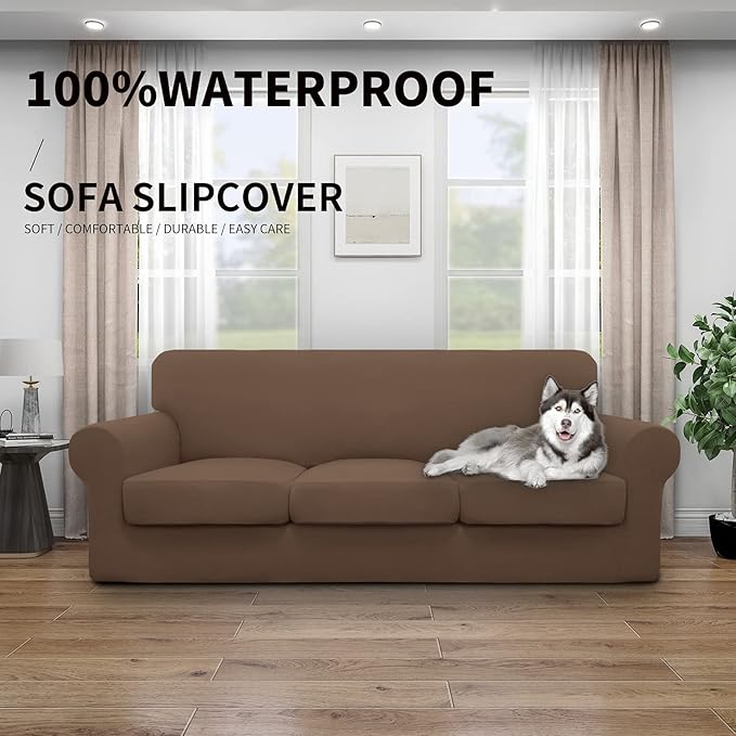 Easy-Going 100% Dual Waterproof 4 Pieces Stretch Soft Couch Cover for Dogs, Sofa Slipcover for 3 Separate Cushion Couch Leakproof Furniture Protector for Kids, Pets Brown