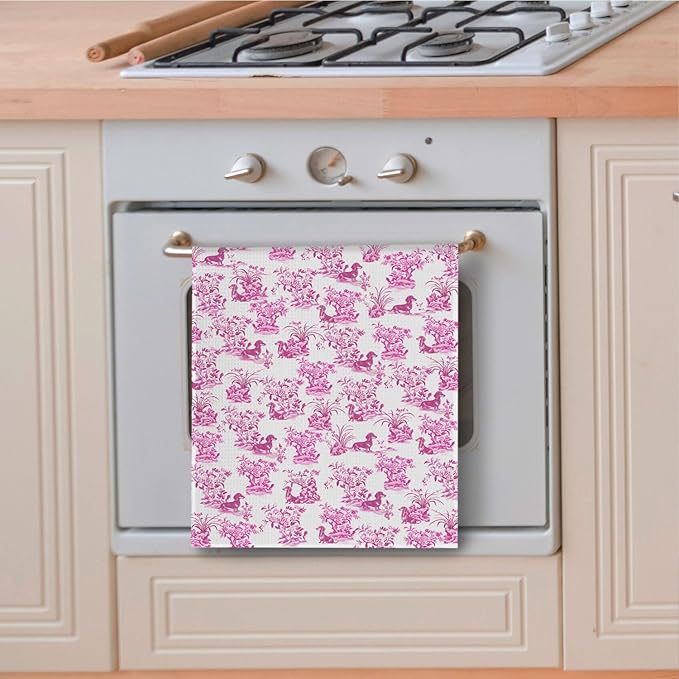 Pink Chinoiserie Dachshund Kitchen Towels, Pink Weiner Dog Gifts for Women Dish Tea Towels for Kitchen Decor, Grand Millenial Floral Dog Decorative Hand Towels for Bathroom, 16x24 Inches