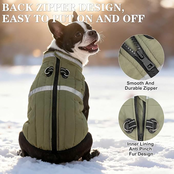 EXPAWLORER Dog Winter Coat Jacket, Thick Warm Waterproof Reflective Puppy Snowsuit with Harness Buit in, Pet Fleece Vest Soft Turtleneck with Zipper Cold Weather for Small Medium Dogs - Green, M