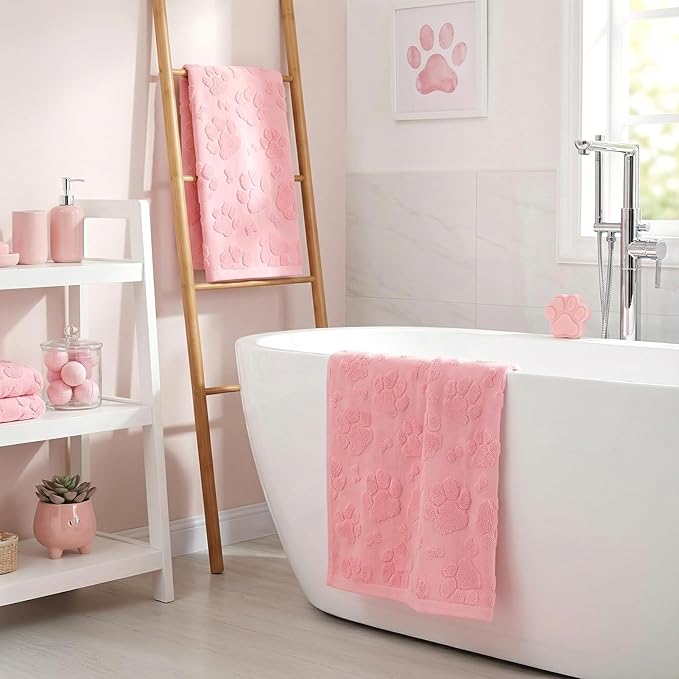 2pcs Pink Dog Paw Hand Towels for Bathroom Pink Cotton Jacquard Kitchen Bath Hand Towels Set Decorative Weave 3D Kitchen Dish Towel Cute Dog Soft Absorbent Bathroom Towel Home Decor Gift