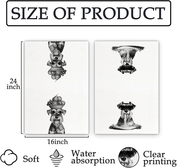 Schnauzer Gifts Funny Dog Kitchen Towels Set of 2, Dog Eating Pasta with Fruit Bowl Decorative Hand Dish Towel for Kitchen Home Bar, Gift for MiniatureSchnauzer DogLovers Home Decor(16x24Inch)