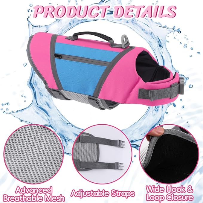 EMUST Dog Life Vests for Boating, Water-Resistant Dog Swimming Vest with Rescue Handle, Comfortable Fit Pet Life Jacket Medium with D-Ring for Rafting, Surfing, Canoeing, Pink&Blue, M