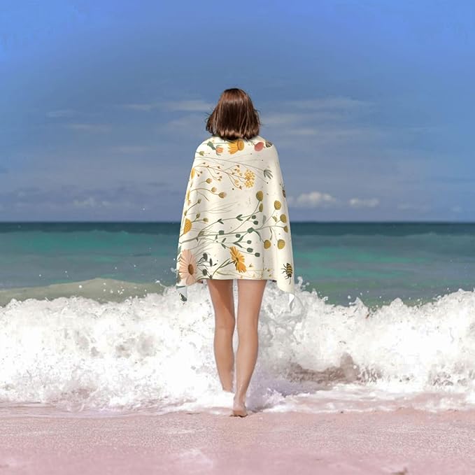 Wildflowers and Bees Beach Towel 31inx51in, Floral Sand-Free Microfiber Bath Towel Ultra Soft Quick Dry Pool Towel Absorbent Towel Lightweight Towel for Swimming Bathroom Decor