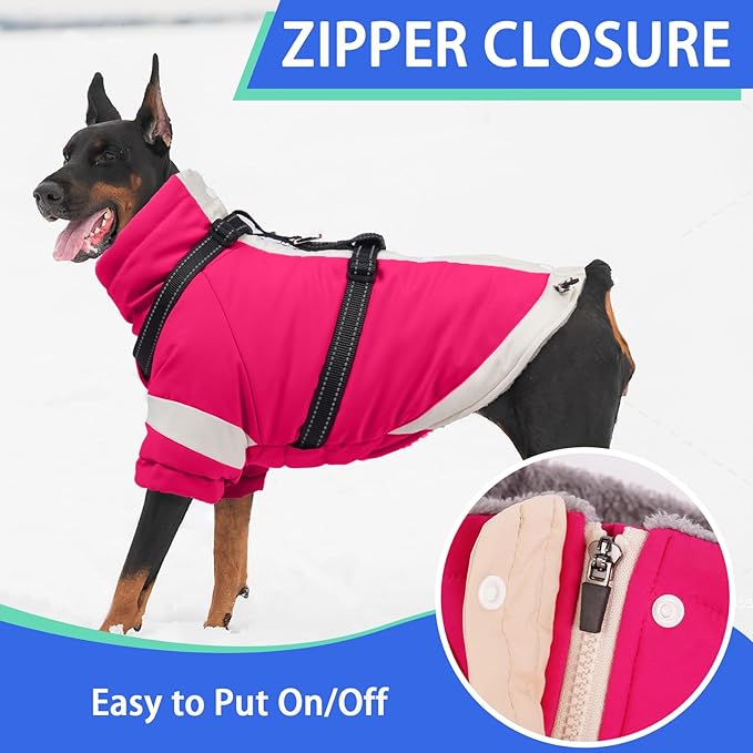 MIGOHI Ultra Thick Dog Jacket,Reflective Medium Dog Coat with Harness Built in,Warm Pet Winter Coat Zip Up Puffer Jacket with Furry Collar for Medium Dogs with Legs Outdoor Adventure,L,Rosered