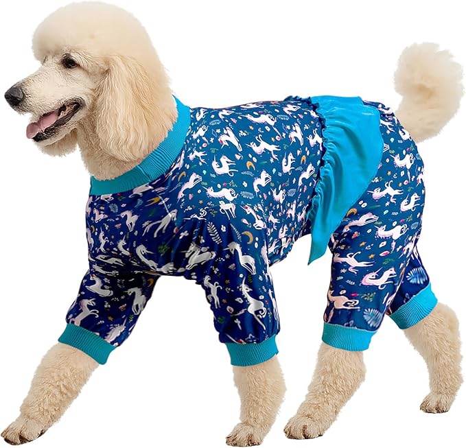 LovinPet Large Dog Pjs - Unicorn Dog Shirt, Post Surgery Recovery Onesie, Mermaids & Unicorns Blue/White Print, Lightweight Pullover Large Puppy Pajamas, Pet Pajamas for Dogs, Blue 2XL