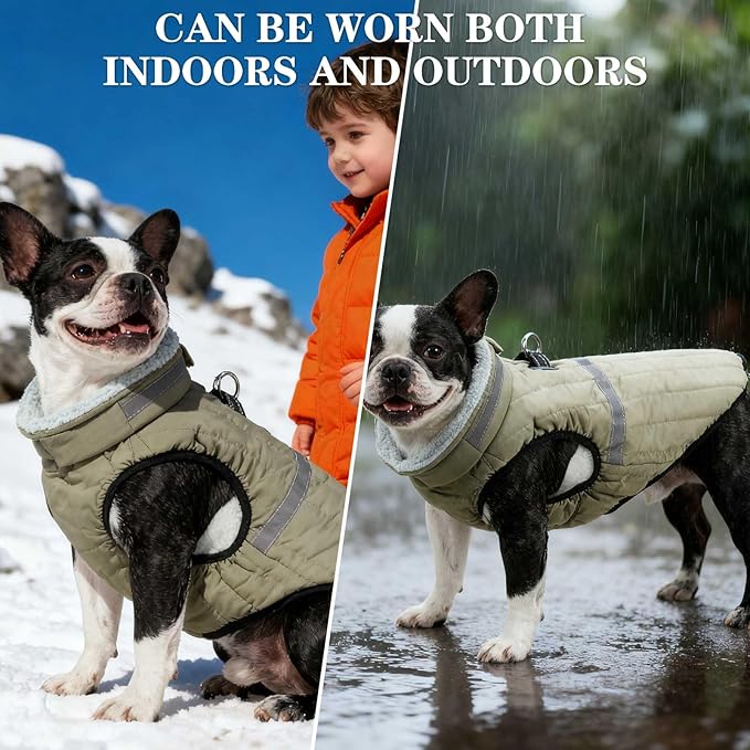 EXPAWLORER Dog Winter Coat Jacket, Thick Warm Waterproof Reflective Puppy Snowsuit with Harness Buit in, Pet Fleece Vest Soft Turtleneck with Zipper Cold Weather for Small Medium Dogs - Green, L