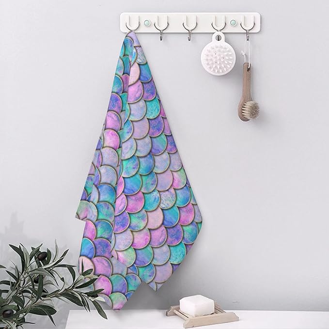 Hand Towels Set of 2 Mermaid Fish Scale Wave Towels for Bathroom Soft Absorbent Decorative Hand Bath Towels Dish Towels for Kitchen Sports Gym Yoga Home Decor 14 x 28 in
