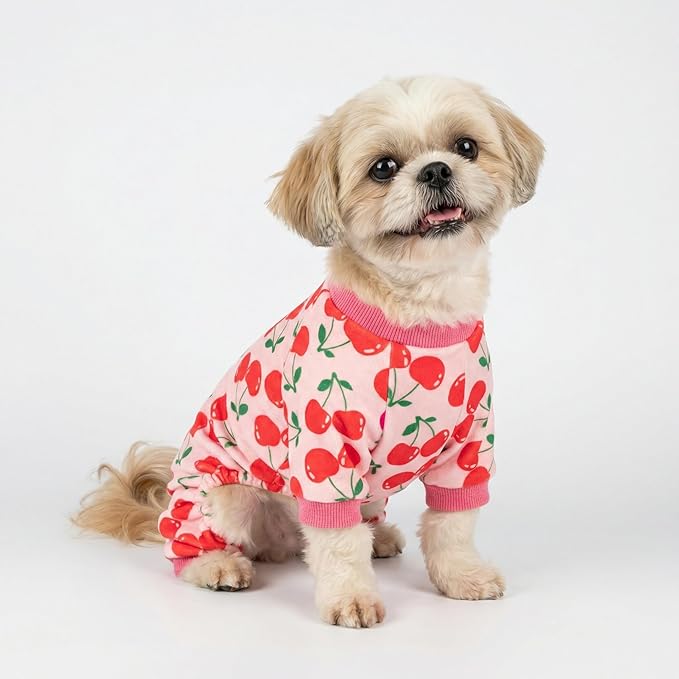 Fitwarm Cute Cherry Dog Pajamas, Warm Dog Onesie with Feet, Dog Clothes for Small Dogs Girl, Fleece Pet Outfit, Pink, Red, Medium