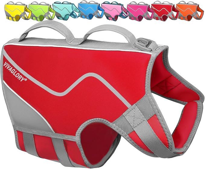 VIVAGLORY Neoprene Dog Life Vest, Dog Life Jacket for Swimming & Boating, Lightweight & Buoyancy for Puppy Doggy, Swimming Vest with Handle, L, Red