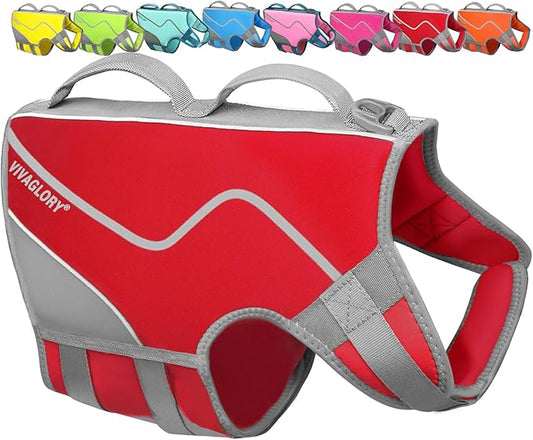 VIVAGLORY Neoprene Dog Life Vest, Dog Life Jacket for Swimming & Boating, Lightweight & Buoyancy for Puppy Doggy, Swimming Vest with Handle, L, Red