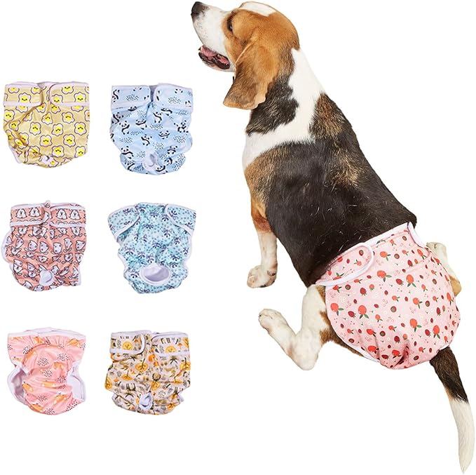 HDKUW Female Dog Diaper, Cute Washable Sanitary Pantie Reusable Puppy Sanitary Pants Pet Underwear Diapers Jumpsuits for Dogs Girl in Heat Period Fox L