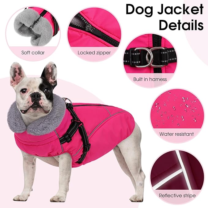 XXL Dog Winter Coat, Dog Puffer Jacket with Harness Built in, Pet Windproof Cold Weather Vest with Zipper Dogs Snowsuit, Rose 2XL