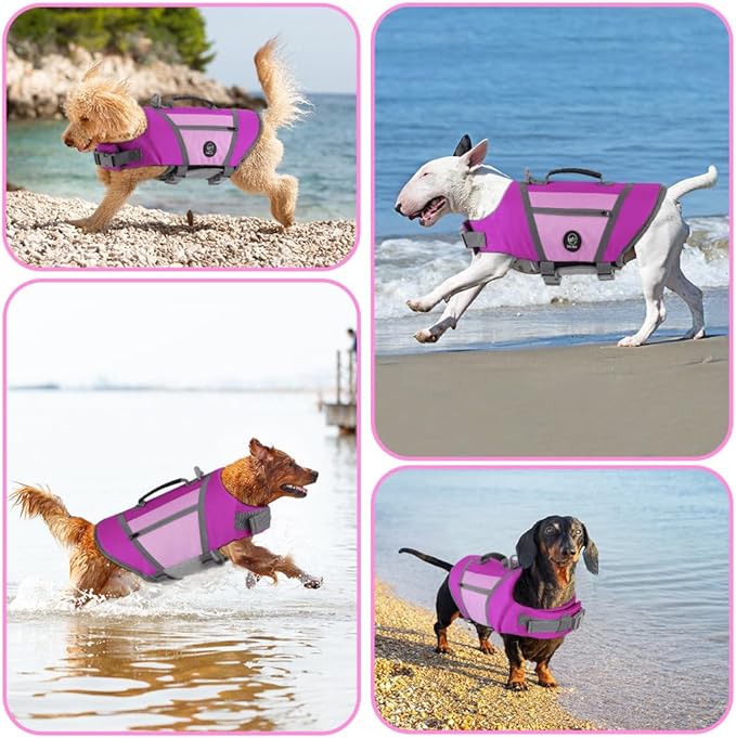 EMUST Dog Life Vests for Swimming, Adjustable Pet Life Jackets for Small Dogs with Hook & Loop, Reflective Dog Swim Vest with Quick-Release Buckles for Bulldogs, Dachshunds, Corgis, Purple, S