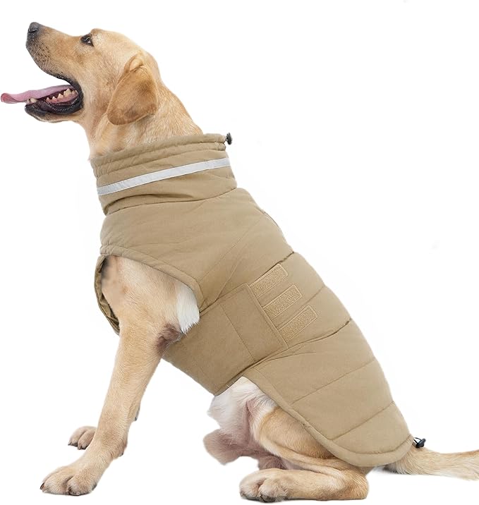Mklhgty Waterproof Dog Coat for Large Dogs, Warm Dog Winter Jacket, Reflective Windproof Turtleneck Coats with Adjustable Hook & Loop - Khaki - XL