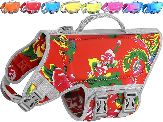 VIVAGLORY High Buoyancy Dog Life Vest, Swimming Vest with Handle, Dog Life Jacket for Swimming & Boating, Buoyancy for Puppy Doggy, M, Northeast Florals-Red