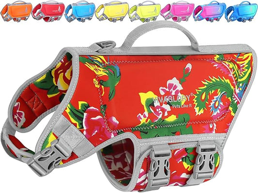 VIVAGLORY High Buoyancy Dog Life Vest, Swimming Vest with Handle, Dog Life Jacket for Swimming & Boating, Buoyancy for Puppy Doggy, S, Northeast Florals-Red