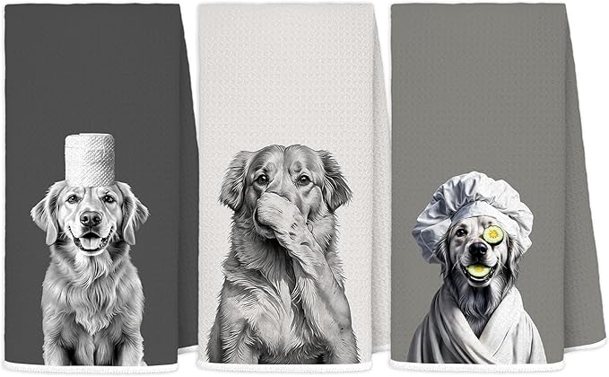 Funny Golden Retriever Hand Towels for Bathroom, Golden Retriever Lover Gifts, Dog Lovers Dad Mom Gifts Decorative Hand Towels for Kids Guest Bathroom Washroom Half Bath, 16x24 Inch Set of 3