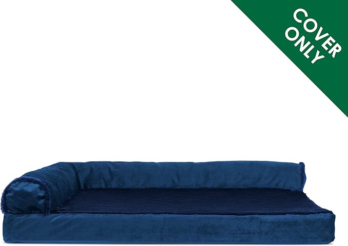 Furhaven Replacement Dog Bed Cover Plush & Velvet L Shaped Chaise, Machine Washable - Deep Sapphire, Large