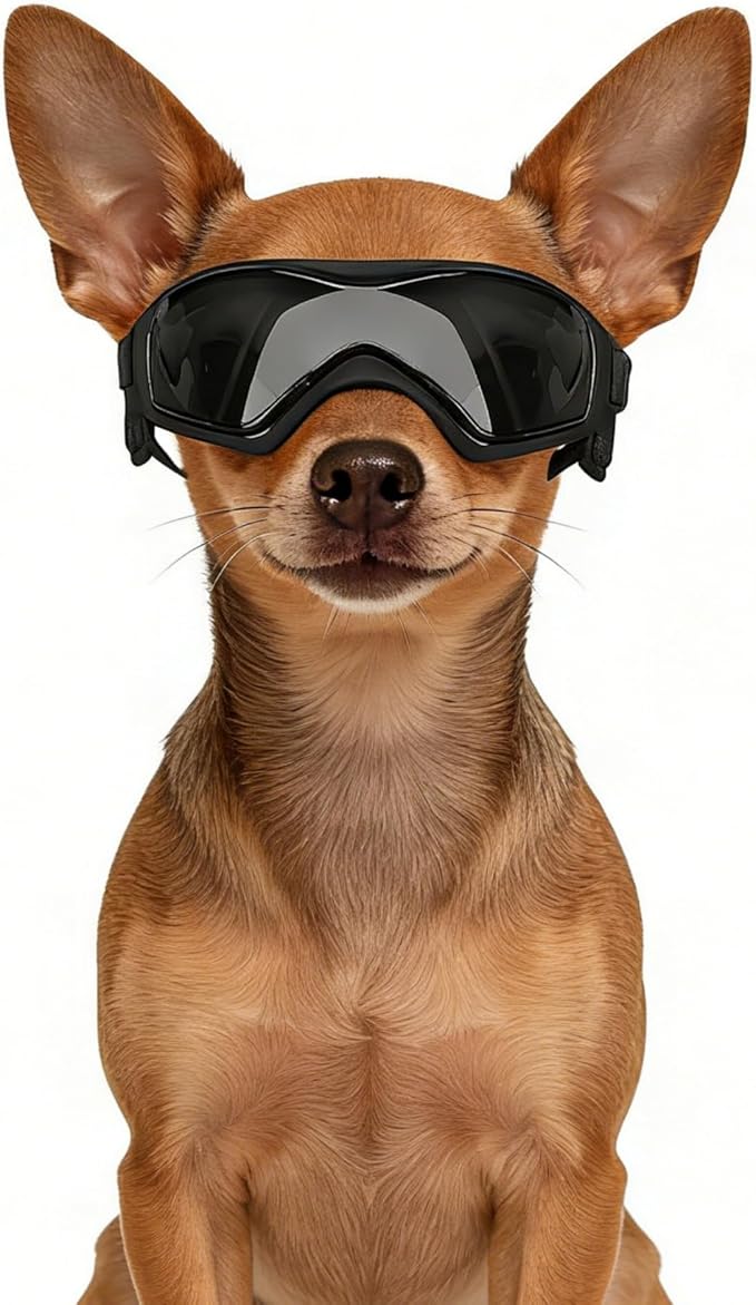 Enjoying Dog Sunglasses Extra-Small to Small Breeds, Dog Goggles UV Protection, Driving Eye Protection for Little Dogs, Breathable Windproof Dustproof Anti-Fog, Adjustable Straps, Cool Black
