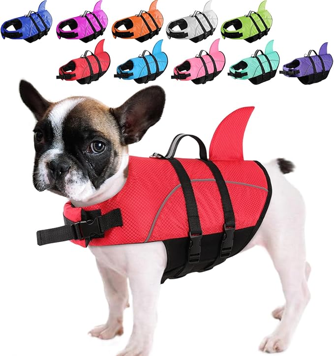 Queenmore Small Dog Life Jacket,Shark Dog Life Vest for Swimming,Puppy Light Life Preserver for Boating Kayaking Canoeing,Pet Reflective Lifesaver with High Buoyancy,Rescue Handle,Leash Hook (Red,XS)