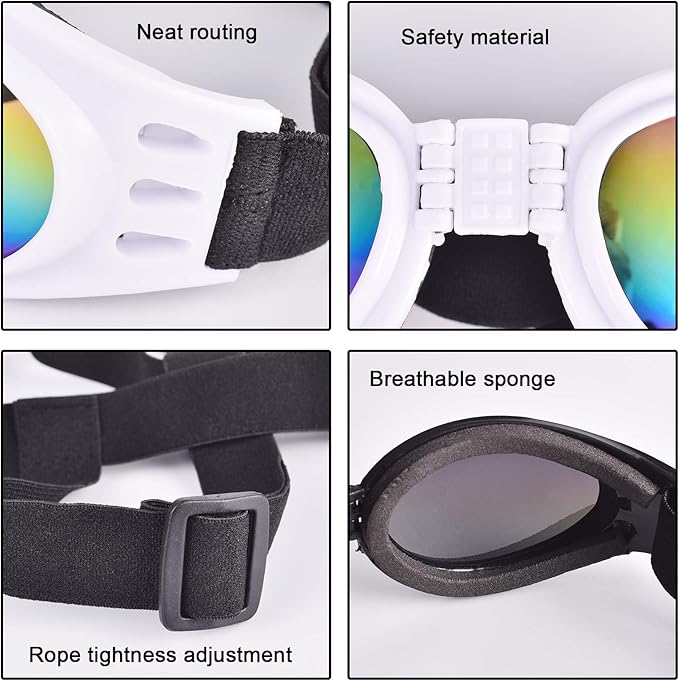 JIABEIUS 2 Pcs Dog Goggles, Dog Sunglasses Adjustable Strap for Waterproof Windproof UV Protection, Pet Sunglasses for Go Out Travel Skiing Swim (Black and White)