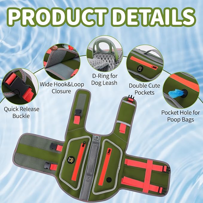 Dog Life Jacket for Small Dogs with High Buoyancy, Lightweight Dog LifeVest for Swimming Adjustable Reflective Dogs Floating Vest, Neoprene Rescue Handle Pet Life Preserver, Dark Green, XS