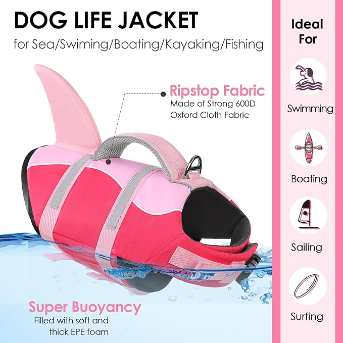 AOFITEE Dog Life Jacket, Dog Life Vest for Swimming, Shark Dogs Swimming Vest with Rescue Handle and Reflective Stripe, Ripstop Pet Float Coat Swimsuit Lifesaver Small Medium Large Dogs Pink L