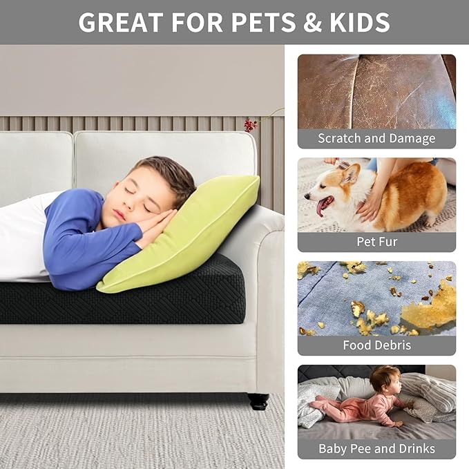 Easy-Going Waterproof Couch Cushion Covers for Couches and Sofas, Stretch Jacquard Sofa Seat Cover Replacement for Dogs, Pets & Kids, Durable Furniture Protector for Chair Cushions, Black