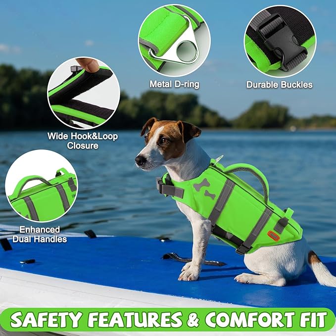 EMUST Dog Life Preserver, Dog Flotation Vest for Swimming, Beach Boating with High Buoyancy,Pet Flotation Vest for Small/Medium/Large Dogs, M, NewGreen