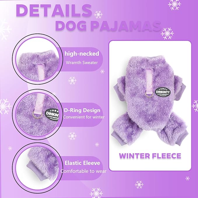 Fleece Dog Pajamas Winter Warm Dog Sweater for Small Dogs Thermal Soft Puppy Pjs Coat Stretchy Jumpsuit Doggie Pet Clothes Outfits Cat Apparel (Purple, Large)